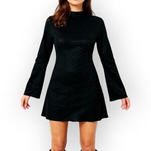 Commense Textured Mock Neck Mini Dress Black Long Sleeve A-Line XL - Modern Chic